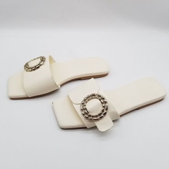 Open Edit Women Lely Flat Slide Sandals Size 5.5 White Buckle - Picture 1 of 7